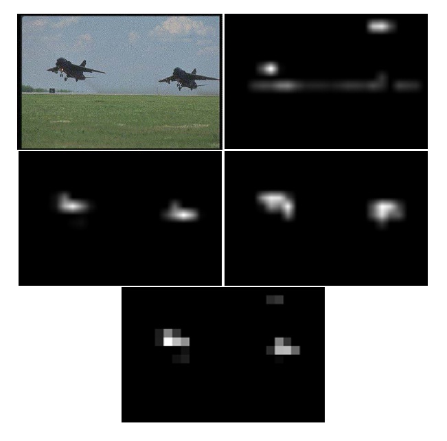 Saliency map of Itti model: aircrafts image (top left), color conspicuity map (CM, top center), intensity CM (top right), orientation CM (bottom left), and saliency map (bottom right).