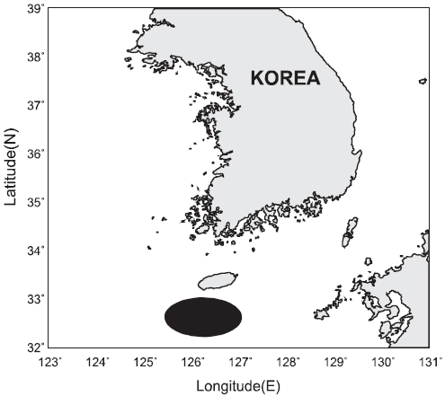 Location of trawl survey (Black oval) in the South Sea of Korea from 2005 to 2007.