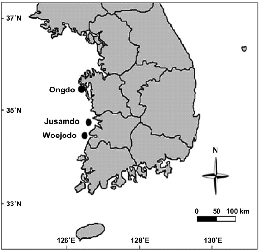 A map of study sites and the location of Ongdo Jusamdo and Woejodo Islands Yellow Sea Korea.