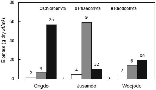 Seaweed biomass (g dry wt/m2) and species richness of each taxon group occurred at Ongdo Jusamdo and Woejodo Islands the Yel-low Sea Korea.