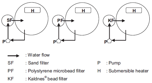 Schematic diagram of seawater recirculating systems used for red seabream Pagrus major culture with three different biofilter media SF PF and KF.