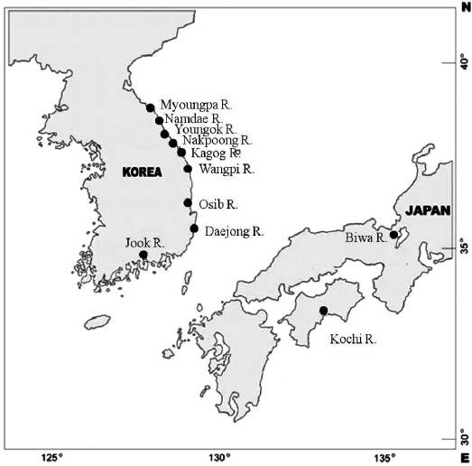 Sampling locations of 14 ayu populations analyzed in this study (see Table 1 for site names).