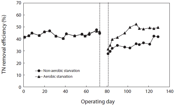 Removal efficiency of total nitrogen (TN) after aerobic/nonaerobic starvation.