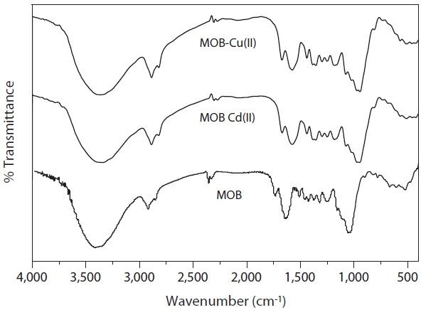 Fourier transform infrared spectroscopy spectra of Moringa oleifera bark (MOB), MOB-Cd(II), and MOB-Cu(II) biosorption.