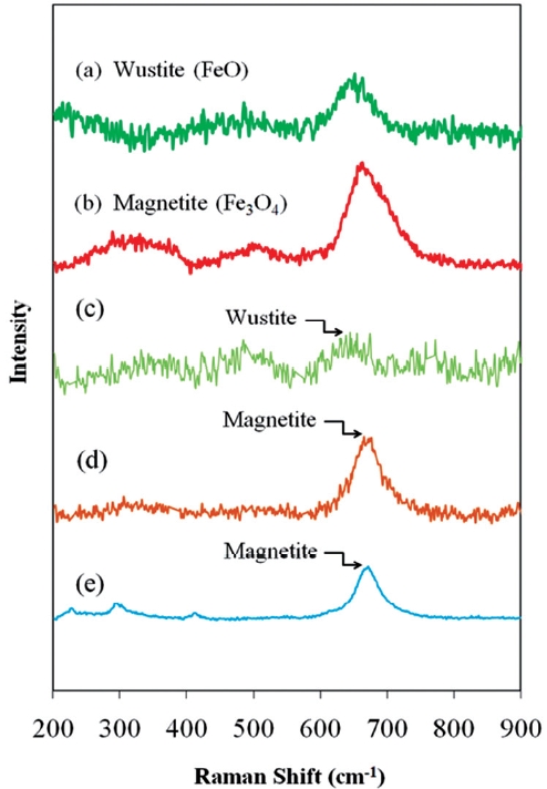 Raman spectra of reference iron oxides. (a) Wustite (b) mag-netite and iron surfaces before exposing to pentachlorophenol (PCP) (c) unwashed zero valent iron (ZVI) (d) acid washed ZVI and (e) Ni/Fe bimetal.
