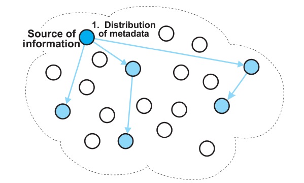 A source node distributes metadata, describing its information, to randomly selected nodes in the network.