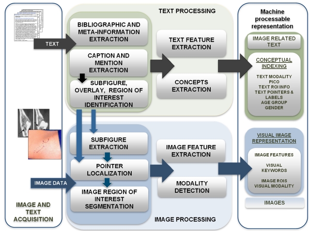 Overview of image and text processing steps for creating enriched citations. The text processing module (see Section III) extracts descriptions of images and image captions from the full text articles, to enrich the MEDLINE citation of the article containing the image. The image processing module (see Section IV) extracts the low-level visual features used in image modality classification and image clustering. The image clusters are labeled with alphanumeric strings (“cluster words”). Subsequently, image features are represented using the cluster words. The cluster words pertaining to an image are added to its enriched citation, along with the image modality label. An example enriched citation is shown in Fig. 3.