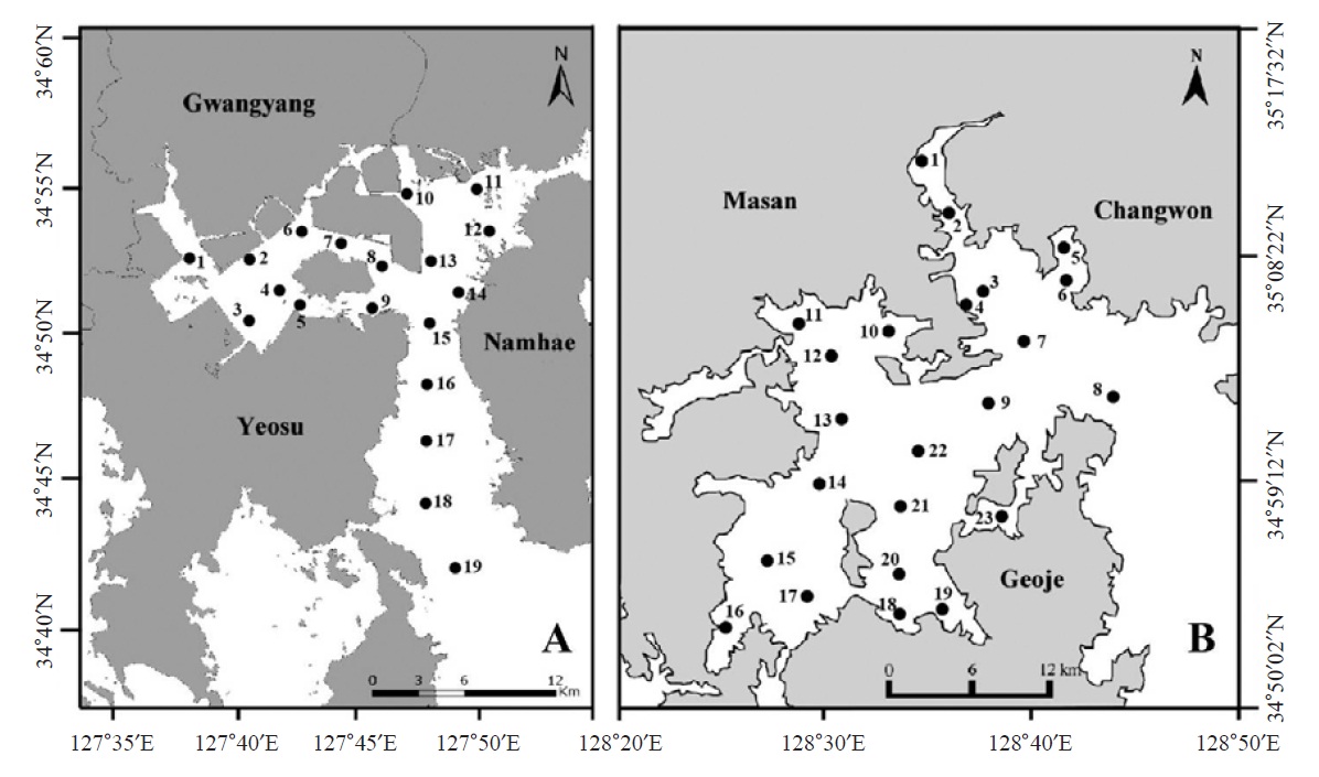 Sampling sites from Gwangyang Bay (A, 19 sites) and Jinhae Bay (B, 23 sites) in the southern coastal areas of Korea.