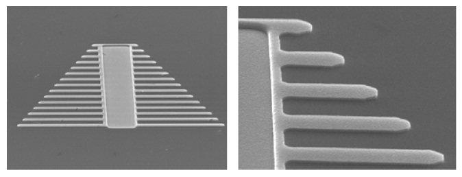 SEM images of Poly-Si cantilever beams before removal of the sacrificial layer.