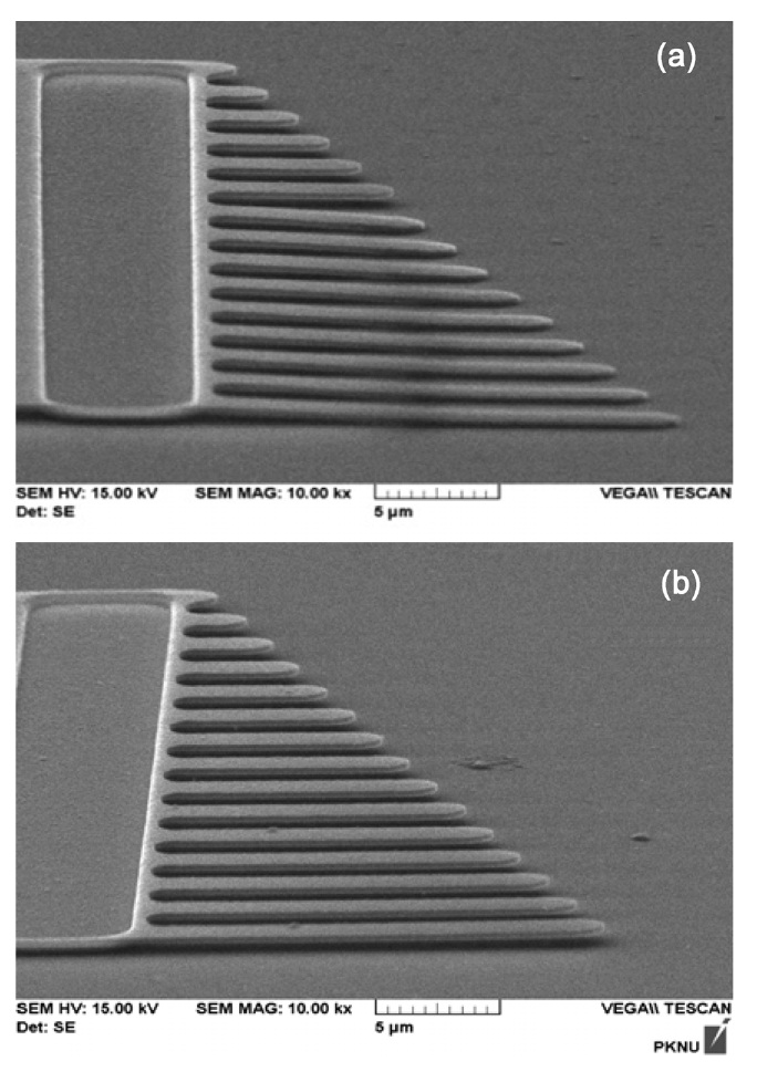 SEM image of the etched wafer; (a) after wet etching, (b) after scCO2 etching.