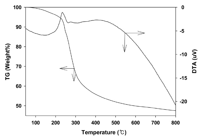 Thermogravimetric analysis and differential thermal analysis curve for the precursor of LaMnO3 catalyst.