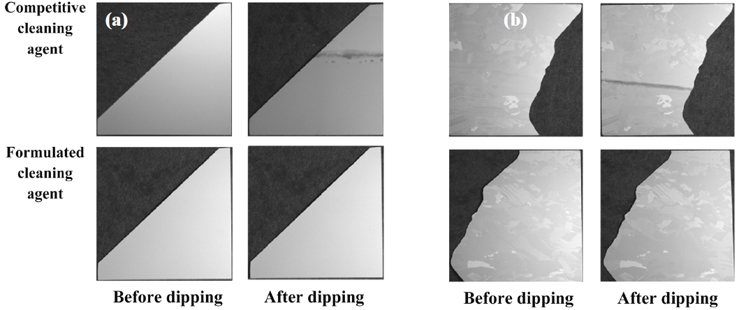 Cleaning agent with wafer compatibility test (a) monocrystalline wafer (b) multicrystalline wafer.