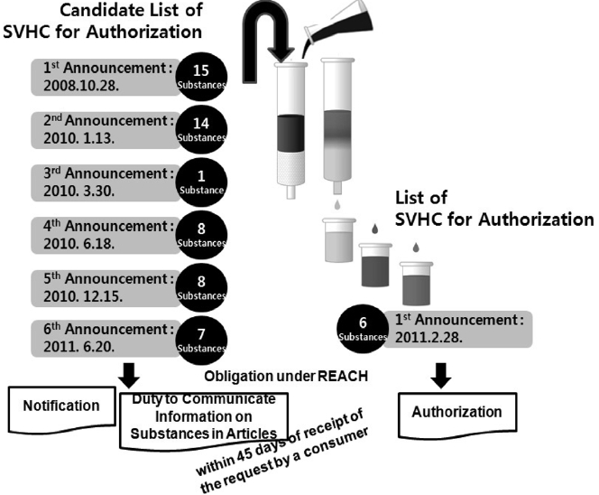 Schematic diagram showing relation between the candidate list and list of SVHC for authorization and the corresponding regulatory obligation in REACH.