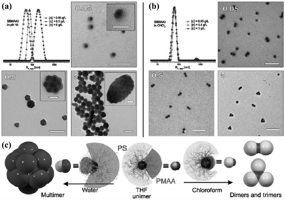 Self-assembly of asymmetric janus particles. (a)-(c) Spherical and linear structures formed by triblock copolymers with various shape control[30].