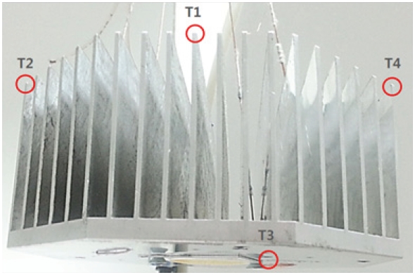 The four locations of the thermocouple attached on the heat sink.