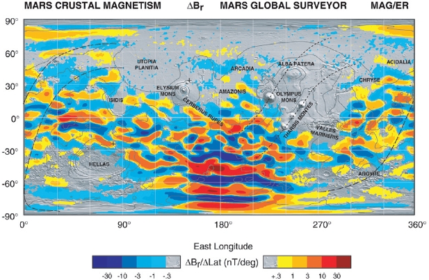 Map of the magnetic field of Mars observed by the Mars global surveyor satellite at a nominal 400-km altitude (Connerney et al. 2005).