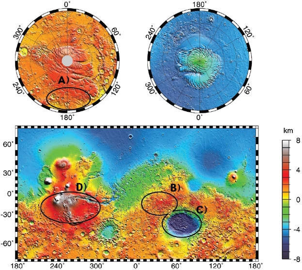 The map show the altitude of Mars surface. The characteristic of Mars surface is to distinguish highland of south hemisphere and lowland of north hemisphere. Blue color is lowland, and the region is assumed to fill with water. Oval marks in this figure are the considered regions as landing site in this paper (NASA/JPL-Caltech).