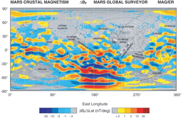The magnetic field map of Mars at 400 km altitude by Mars Global Surveyor (Connerney et al. 2005).