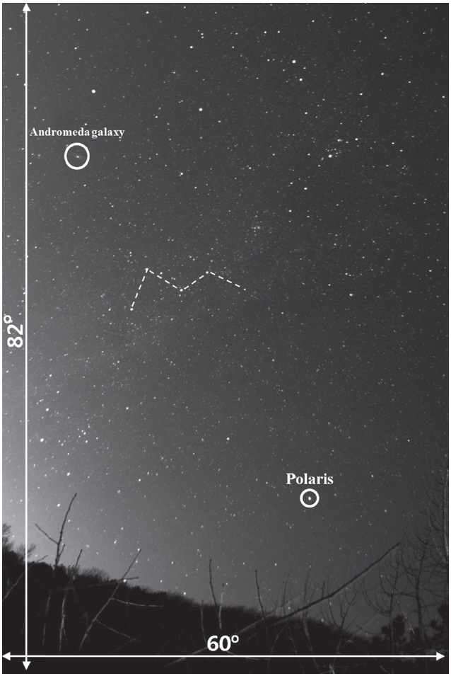 A charge-coupled device image taken by the cloud monitoring system. Polaris is seen at the lo-wer left part. The field of view covers very wide sky with about 60° × 82° reaching to the declination of about +24° in south direction.