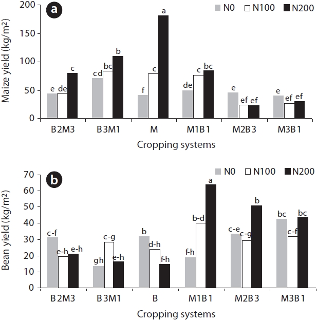 Yield of maize (a) and bean (b) in different cropping systems and nitrogen fertilizer.