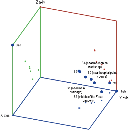 Scatter plot of sampling locations of the Fosu Lagoon based on factor scores of principal components.
