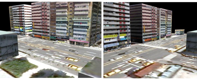 A street-view example showing 3-dimensional building models reconstructed following the proposed approach.