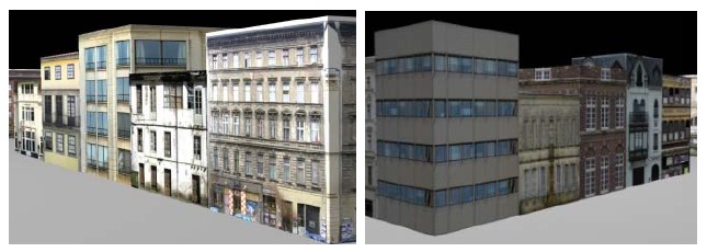 Two close-up views of a virtual city and streets, modeled by Maya for performing experiments in a synthetic world with accurate ground truth.