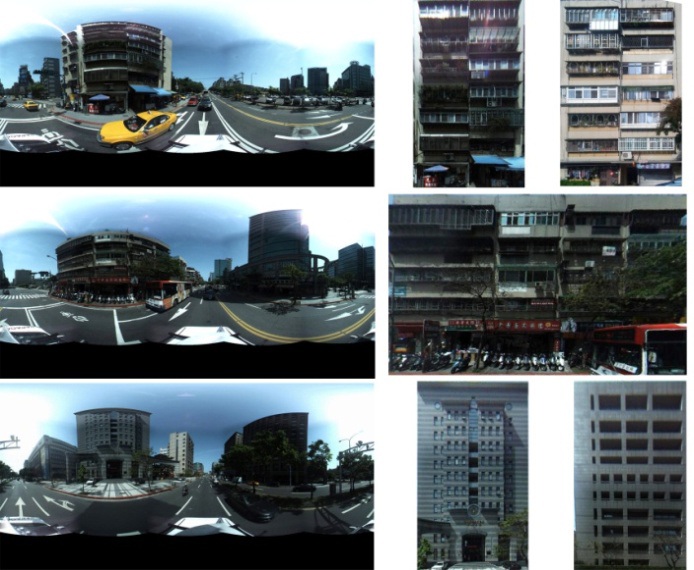 (a) Panoramic image examples, (b) generated building texture maps.
