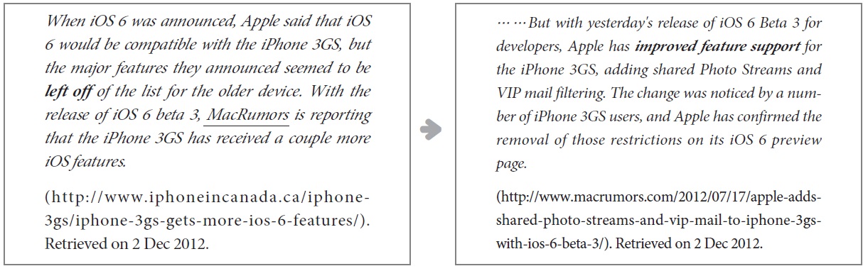 Example of non-compliance in in-link blog post with negative sentiments on the feature (iOS 6) of the application aspect linked to target blog post with positive sentiments.
