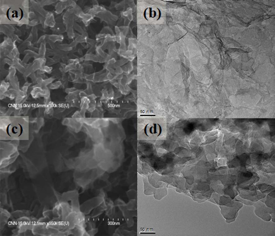 (a) Scanning electron microscopy (SEM) image of pristine
polyaniline (PANI), (b) transmission electron microscopy (TEM) image of
graphene nanosheet (GNS) and (c) SEM and (d) TEM images of PANI/GNS
(having 40 wt% aniline content).