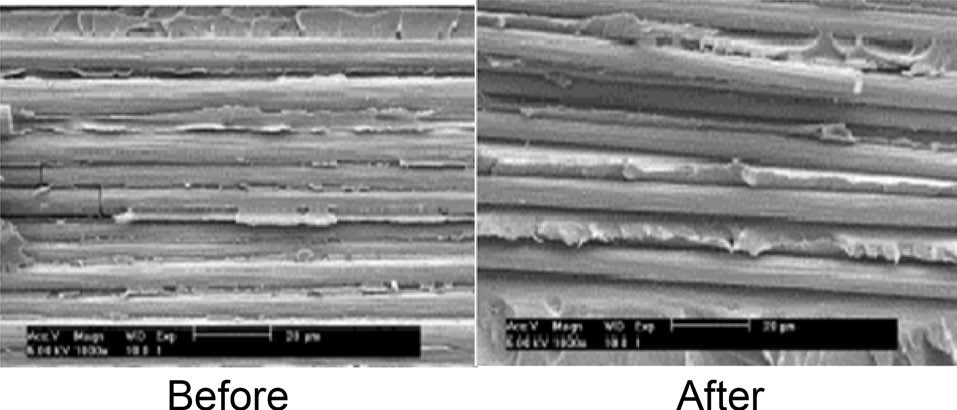 Scanning electron microsscope pictures of carbon fibersreinforced epoxy matrix composites after impact test.