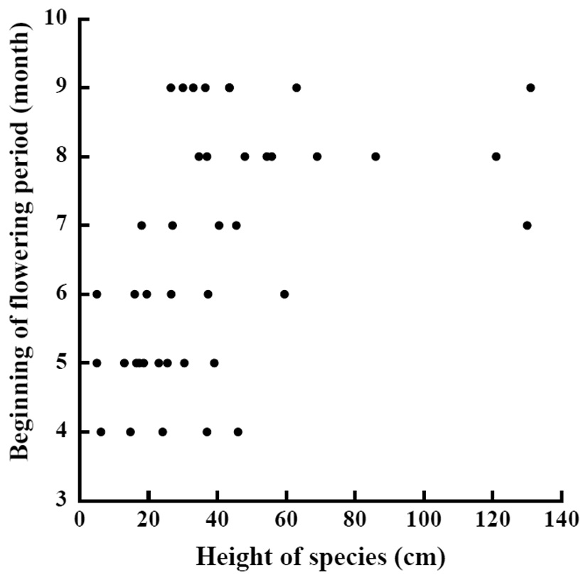 Relation between the beginning of the flowering period and the
height of the species in Subplot D4.