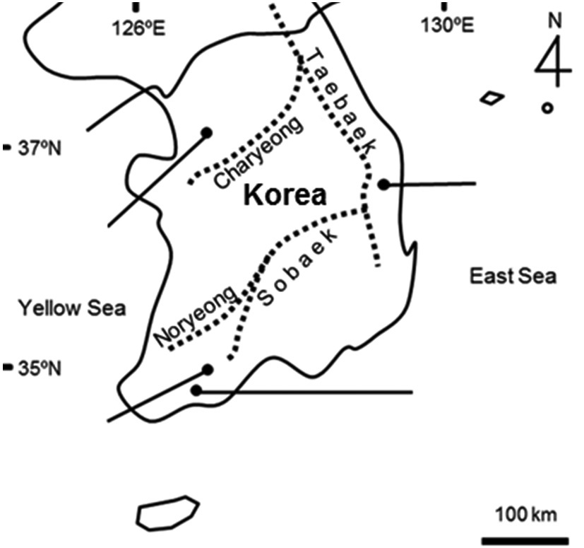 Locations of four study sites. A, Ansan in Gyeonggi-do; B, Uljin in Gyeongsangbuk-do; C, Gokseong in Jeollanam-do; D, Boseong in Jeollanam-do in South Korea (Solid line across the map indicated the 38th parallel and broken lines indicated mountain ranges on the map.).