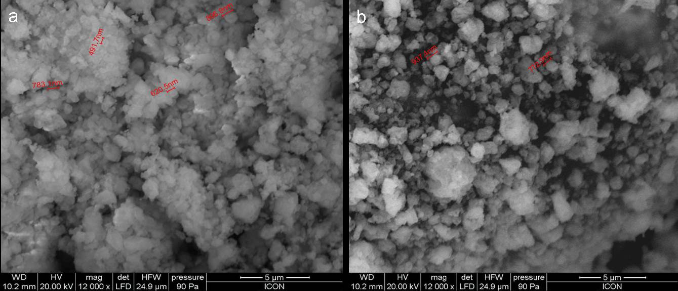 SEM images of the (a) nano-silica, and (b) nano-alumina used for the experiments.