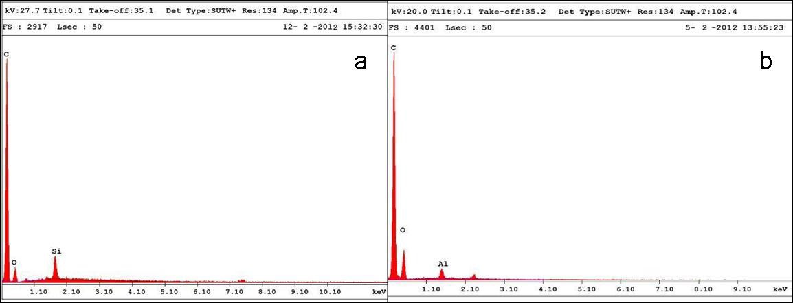 EDAX images of (a) PU + 1.0 % nano-silica, and (b) PU + 1.0% nano-alumina.