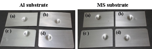 Left: (a) neat PU, (b) PU + 0.1% nano-silica, (c) PU + 1% nanosilica, and (d) PU + 5% nano-silica. Right: (a) neat PU, (b) PU + 0.1% nano-alumina, (c) PU + 1% nano-alumina, and (d) PU + 5% nanoalumina, on the impact of PU.