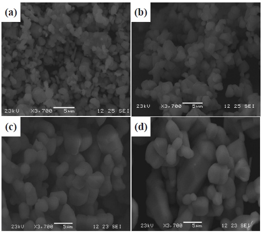 SEM image of ZnS;Mn with various levels of magnesium: (a) Pure ZnS, (b) 0.4 w% Mg, (c) 1.0 w% Mg, and (d)1.2 w%Mg.