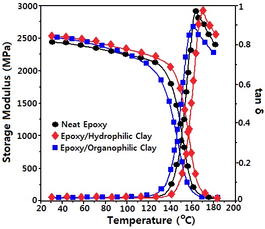 DMA characteristics for neat epoxy, epoxy/hydrophilic composite and epoxy/organophilic clay nanocomposite.