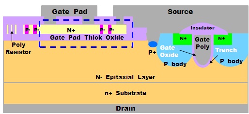 Cross-sectional view of power MOSFET and Zener diode.