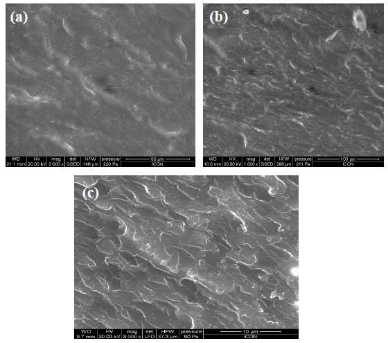 SEM Micrographs of (a) GNS-UPR (0.025%), (b) GNS-UPR (0.05%), and (c) GNS-UPR (0.075%).