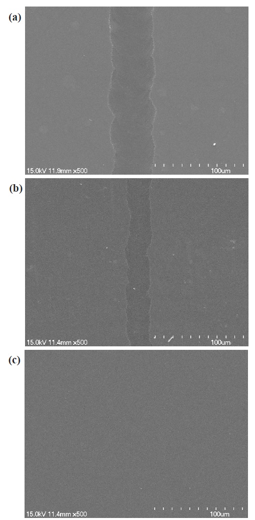 Laser-ablation SEM images of (a) ITO, (b) IGZO, and (c) ZnO film at a scanning speed of 100 mm/s and a repetition rate of 80 kHz.