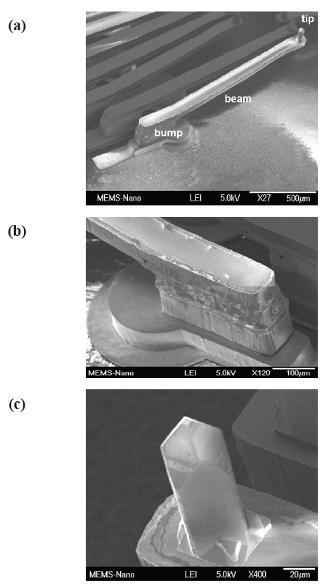Photographs of the fabricated MEMS probes: (a) microprobe, (b) close-up view of the bump, and (c) close-up view of the tip.