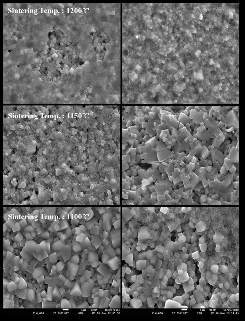 SEM images of No excess NKN(a) and Excess NKN(b) with
variation of sintering temperatures.