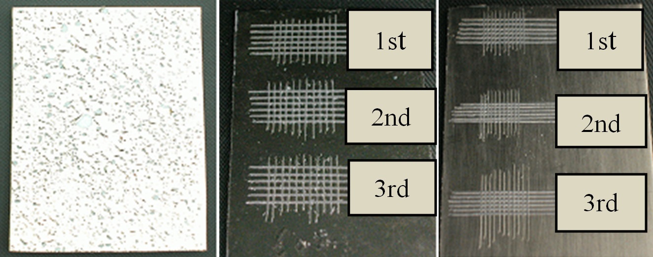Photographic surface images of some samples: The left is for Ni plated on a bare surface. The middle is after the cross cutting and peel test with 3M tape on the chemically etched Ni-plated sample. The right is after the cross cutting and peel test with 3M tape on the plasma-treated Ni-plated sample. The size of the samples was about 100 mm × 50 mm.
