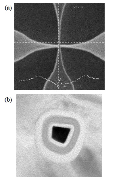 (a) Tilted SEM image showing the suspended SiNW after the Bosch process and (b) cross-sectional TEM image of the SiNW inside the poly-Si gate.