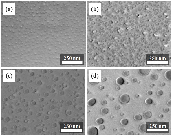 Au droplet cluster that was only heated at 800℃ for 30 minutes with ZnO nanowires grown on a substrate coated with 1 nm (a), 3 nm (b), 5 nm (c), and 7 nm (d) Au catalyst films.