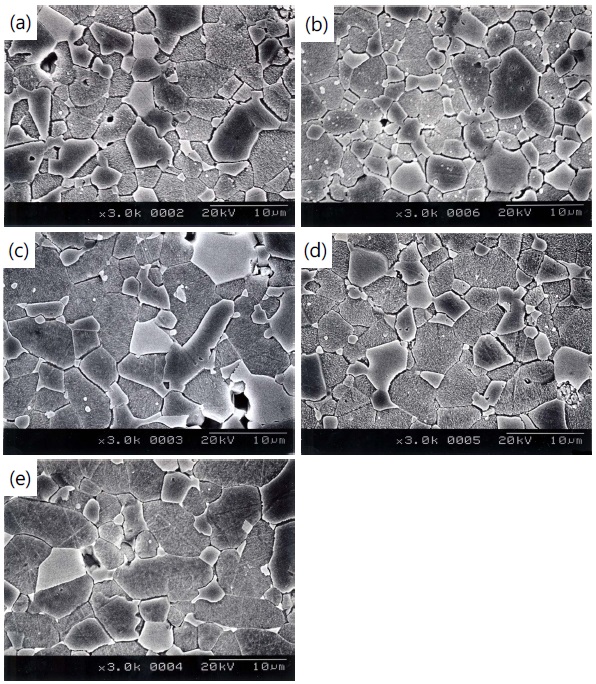 SEM micrographs of the samples for different additives: (a) ZVMCL, (b) ZVMCL-Cr, (c) ZVMCL-Nb, (d) ZVMCL-Dy, and (e) ZVMCL- Bi.