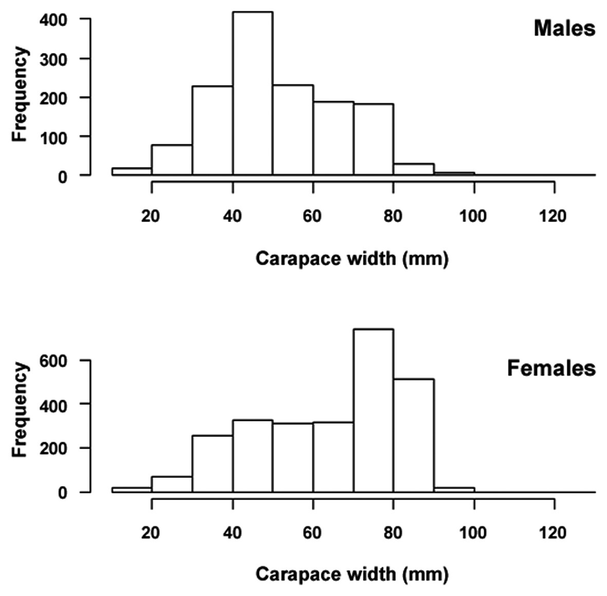 The carapace width distribution, combined over all tows, by sex.