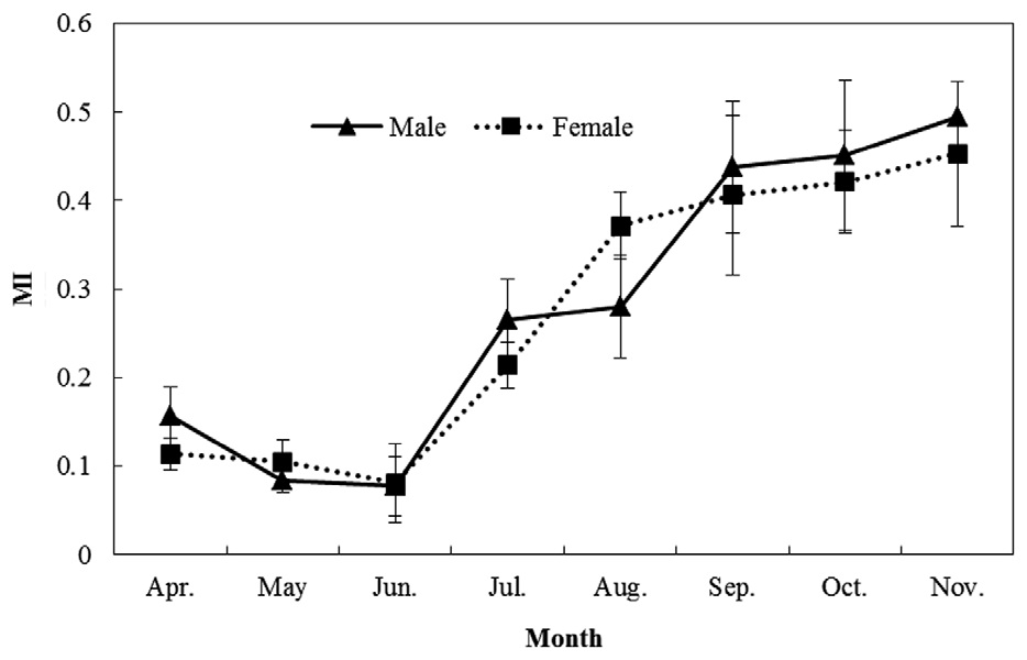 Monthly change of marginal growth index (MI) for male and female of Hemibarbus labeo.