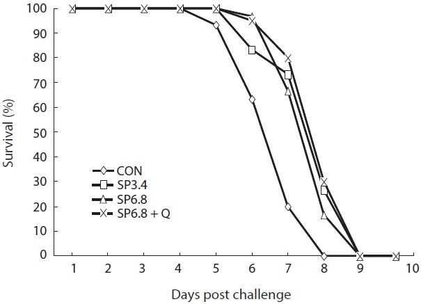 Survival rate of juvenile olive flounder Paralichthys olivaceus fed the experimental diets after challenge with Edwardsiella tarda. CON, 0% spirulina; SP3.4, 3.4% spirulina; SP6.8, 6.8% spirulina; SP6.8 + Q, 6.8% spirulina plus 0.5% quercetin.